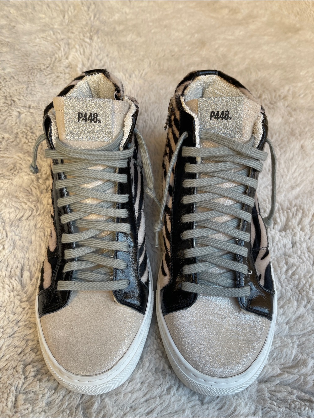 P448 High Top Leather Glitter Zebra Print Sneakers Size 38